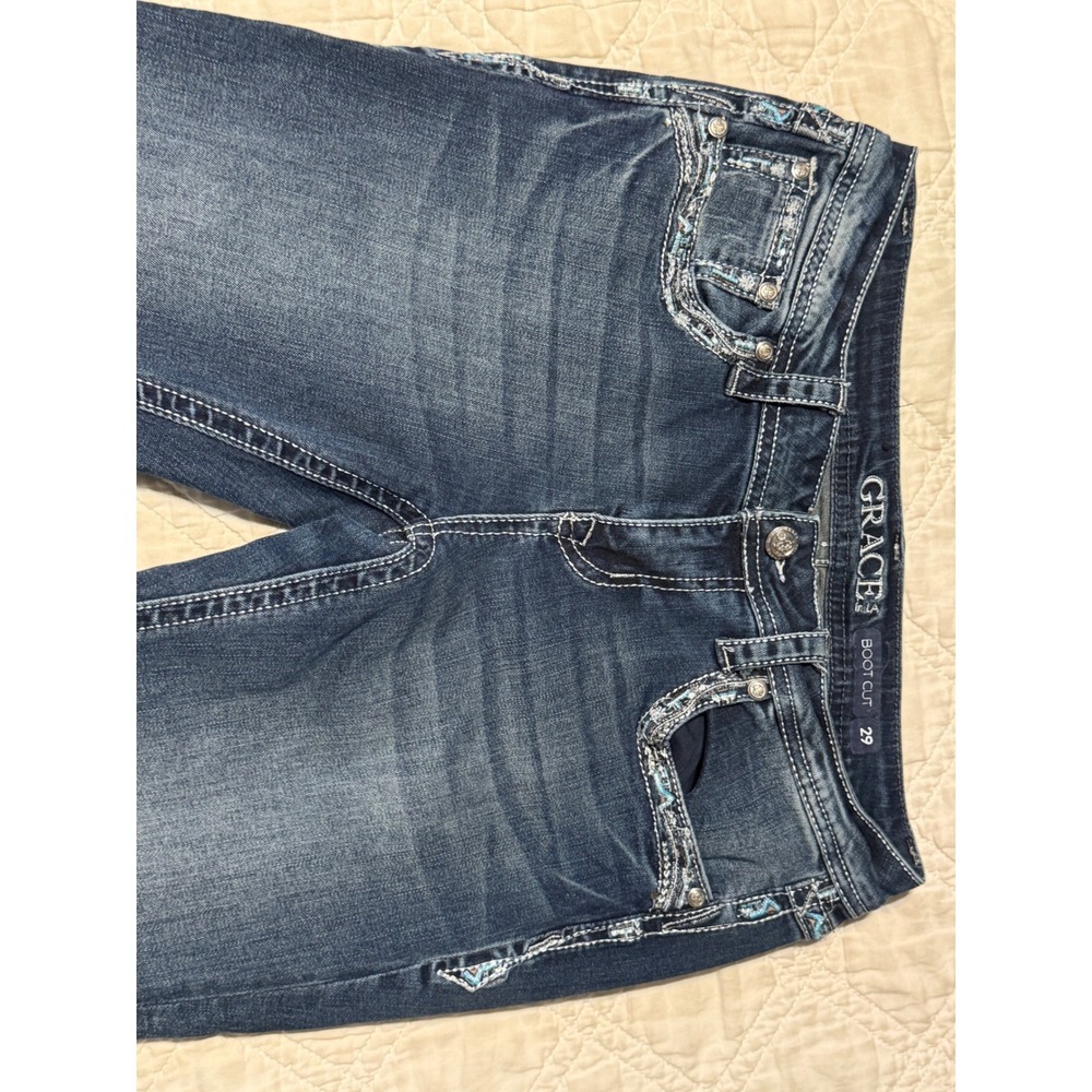 Grace in LA Boot Cut Jeans Womens 29 Blue Embroidered Sequin Flap Pocket Denim - Picture 4 of 10